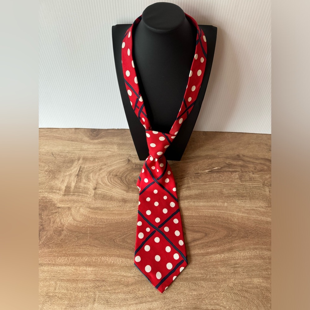 Perry Ellis Italian 100% Silk Tie Necktie Red Polka Dot Made in USA Small stain